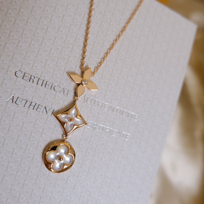 [BloomBling]COLOR BLOSSOM LARIAT NECKLACE PINK GOLD WHITE MOTHER PEARL AND DIAMOND