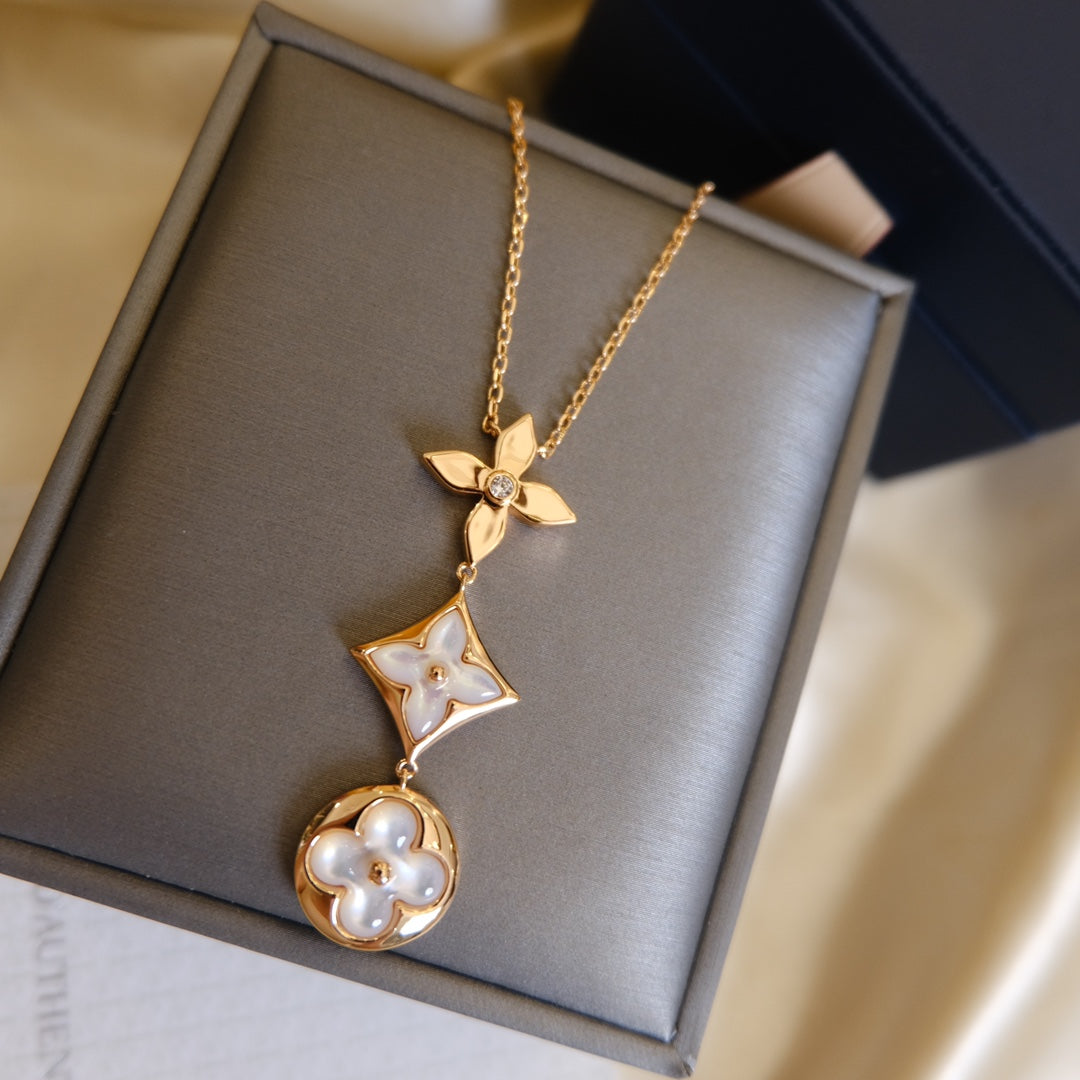 [BloomBling]COLOR BLOSSOM LARIAT NECKLACE PINK GOLD WHITE MOTHER PEARL AND DIAMOND