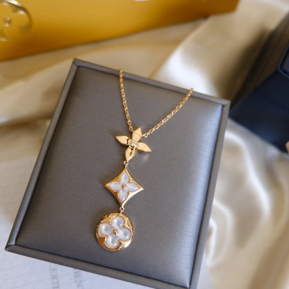[BloomBling]COLOR BLOSSOM LARIAT NECKLACE PINK GOLD WHITE MOTHER PEARL AND DIAMOND