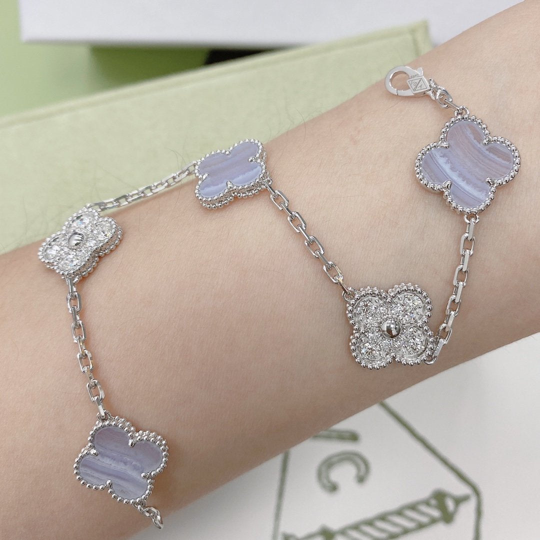 [BloomBling]CLOVER  5 MOTIF DIAMOND PURPLE CHALCEDONY BRACELET SILVER