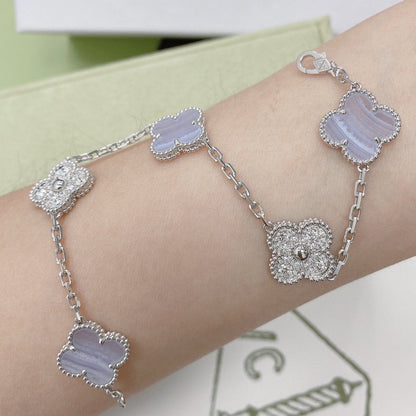 [BloomBling]CLOVER  5 MOTIF DIAMOND PURPLE CHALCEDONY BRACELET SILVER