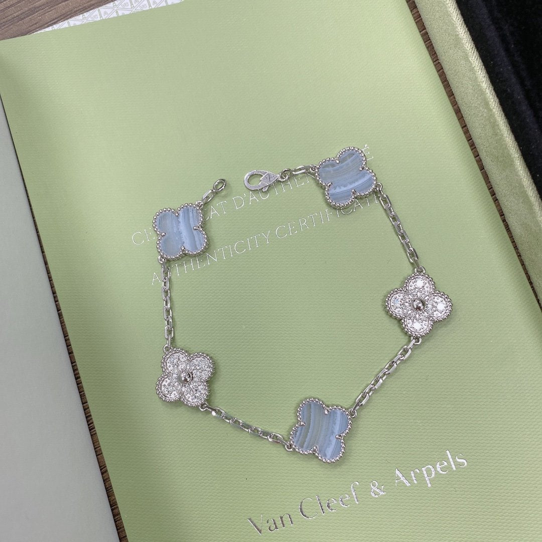 [BloomBling]CLOVER  5 MOTIF DIAMOND PURPLE CHALCEDONY BRACELET SILVER