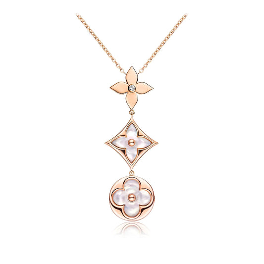 [BloomBling]COLOR BLOSSOM LARIAT NECKLACE PINK GOLD WHITE MOTHER PEARL AND DIAMOND
