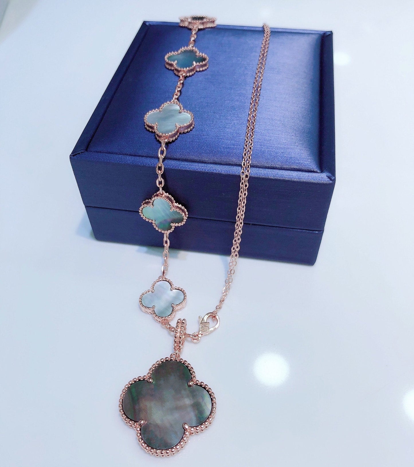 [BloomBling]COMBINED BRACELET 5 MOTIFS AND NECKLACE DARK MOP ROSE GOLD