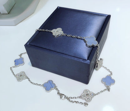 [BloomBling]CLOVER 10 MOTIFS CHALCEDONY DIAMONDS SILVER NECKLACE