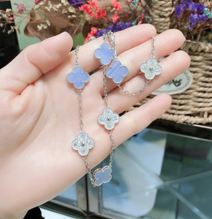 [BloomBling]CLOVER 10 MOTIFS CHALCEDONY DIAMONDS SILVER NECKLACE