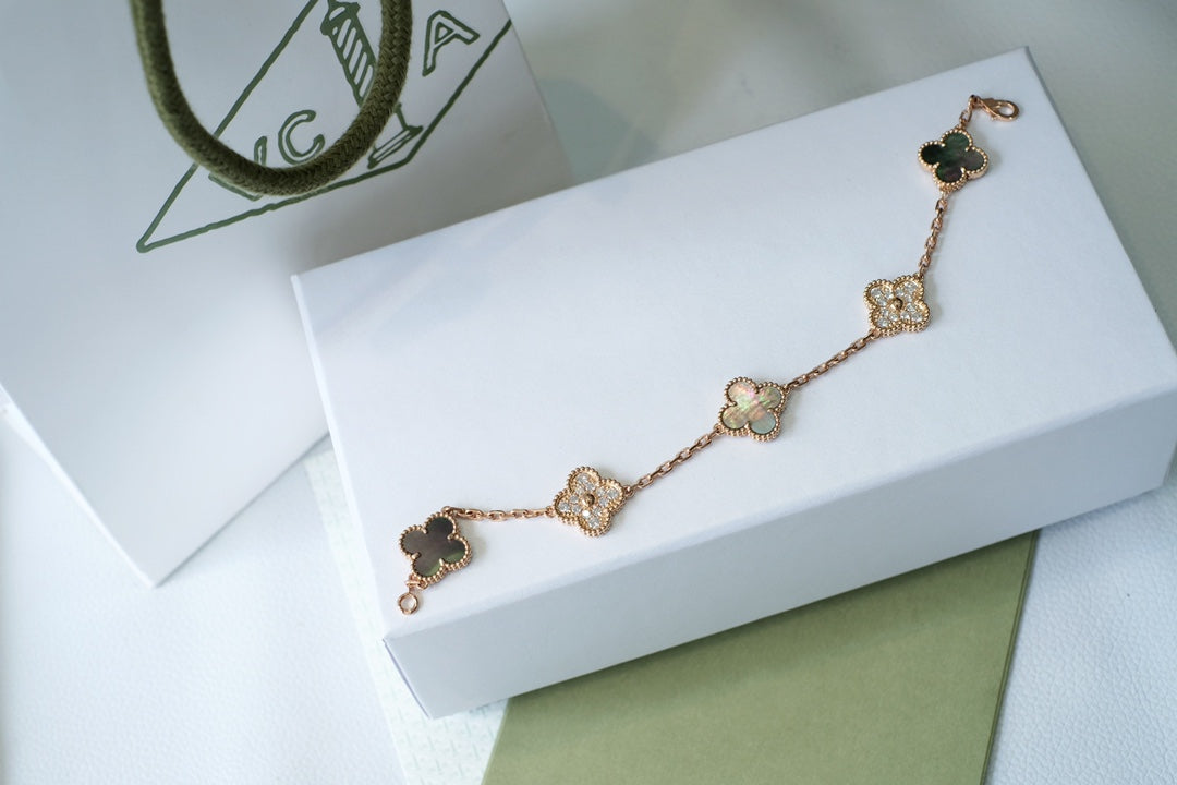 [BloomBling]CLOVER 5 MOTIFS DARK MOP AND DIAMONDS PINK GOLD BRACELET