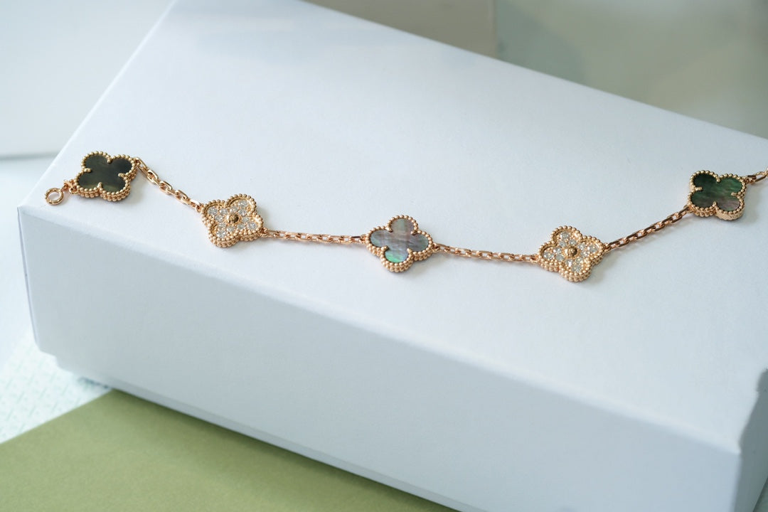 [BloomBling]CLOVER 5 MOTIFS DARK MOP AND DIAMONDS PINK GOLD BRACELET