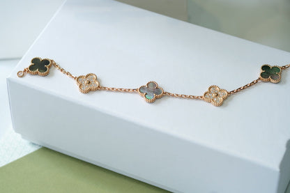 [BloomBling]CLOVER 5 MOTIFS DARK MOP AND DIAMONDS PINK GOLD BRACELET