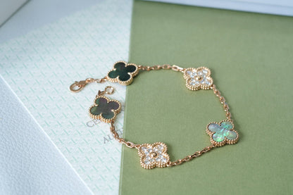 [BloomBling]CLOVER 5 MOTIFS DARK MOP AND DIAMONDS PINK GOLD BRACELET