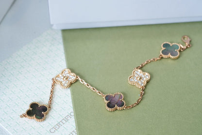 [BloomBling]CLOVER 5 MOTIFS DARK MOP AND DIAMONDS PINK GOLD BRACELET