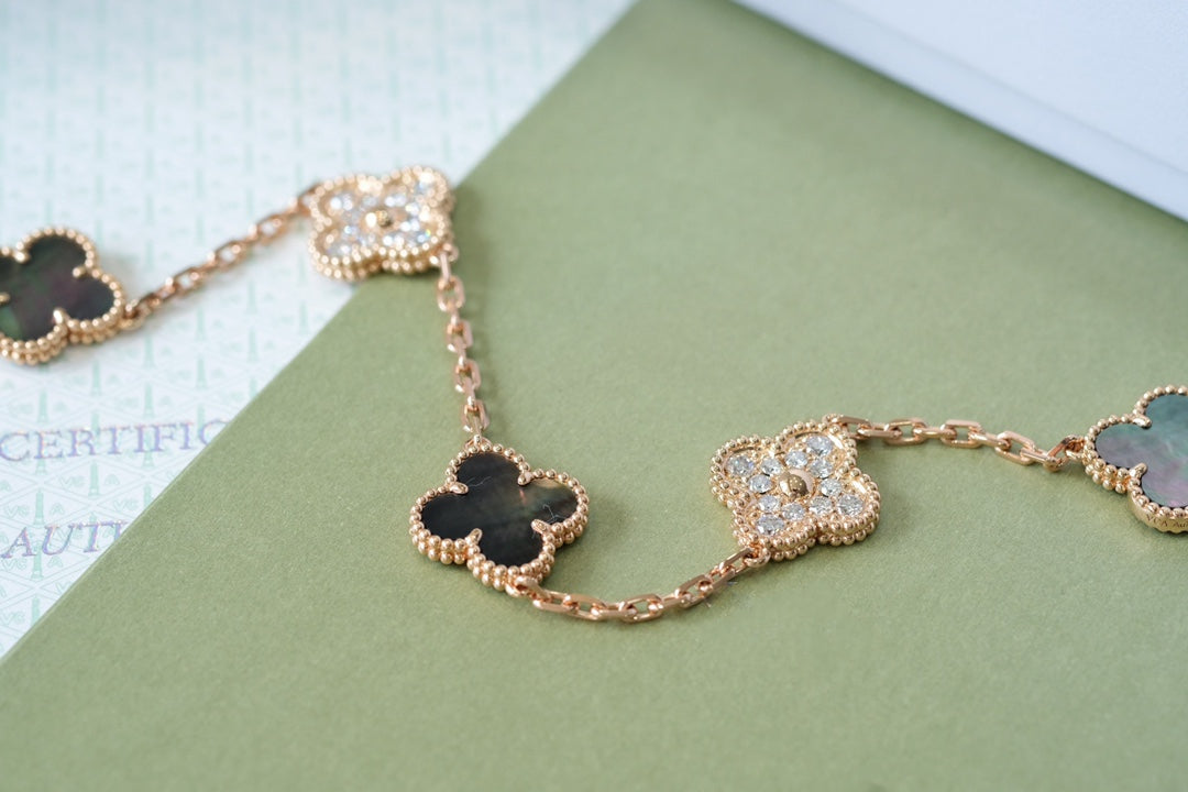 [BloomBling]CLOVER 5 MOTIFS DARK MOP AND DIAMONDS PINK GOLD BRACELET