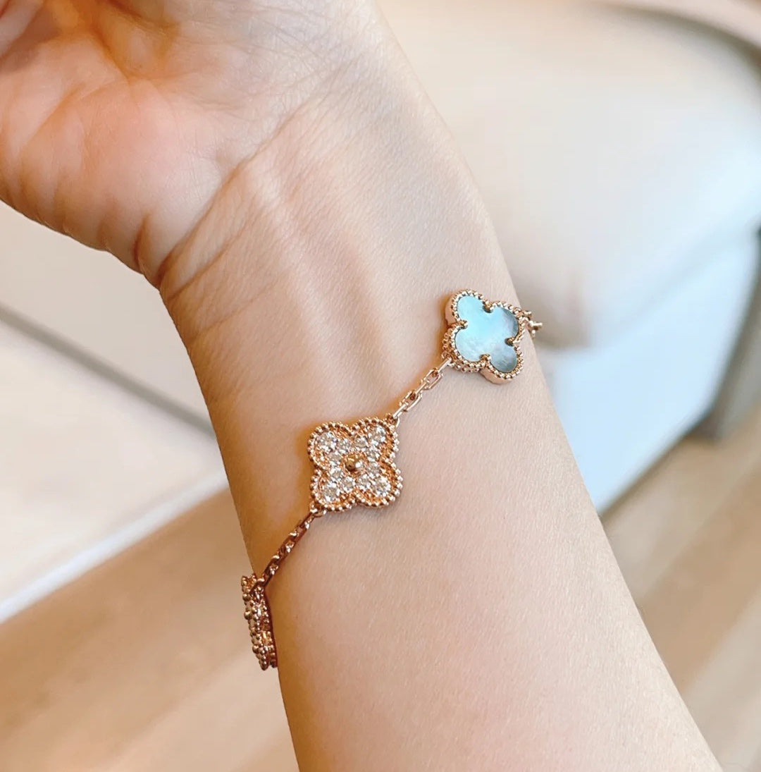 [BloomBling]CLOVER 5 MOTIFS DARK MOP AND DIAMONDS PINK GOLD BRACELET